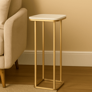Modern White Pedestal Side Table with Gold Metal Frame
