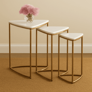 3-Piece Nesting Accent Table Set – White Marble Top with Antique Gold Frame