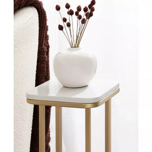 Modern White Pedestal Side Table with Gold Metal Frame