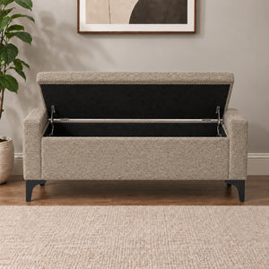 Beige storage ottoman bench with open interior storage compartment