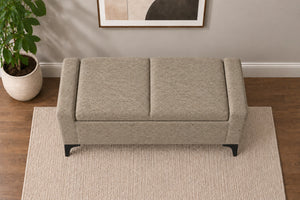 Top view of beige upholstered storage ottoman bench with cushioned seats