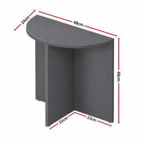 Charcoal half moon end table dimensions showing 48 cm width, 24 cm depth and 48 cm height