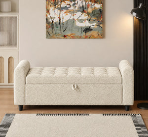 Cream upholstered storage ottoman bench front view with tufted top
