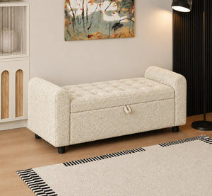 Cream tufted storage ottoman bench side view with rounded arms