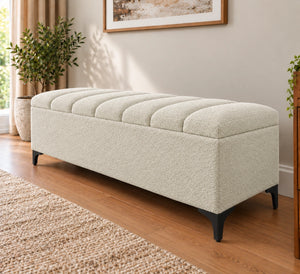 Cream upholstered storage bench for bedroom with cushioned top