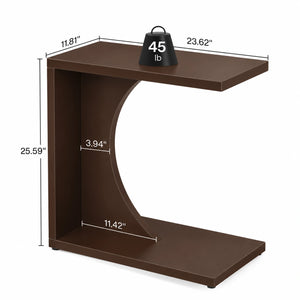 Dark brown C-shaped end table dimensions showing 23.62 inch width, 11.81 inch depth and 25.59 inch height