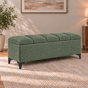 Sage green modern storage ottoman bench with upholstered body and black legs