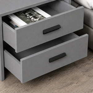 Close-up of the spacious drawers in a solid wood bedside table, highlighting practical storage capacity, smooth operation, and durable construction.