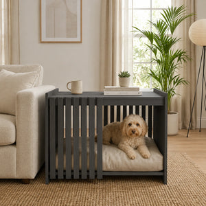 Solid wood dog house side table with comfortable cushion and dog resting inside indoor pet furniture
