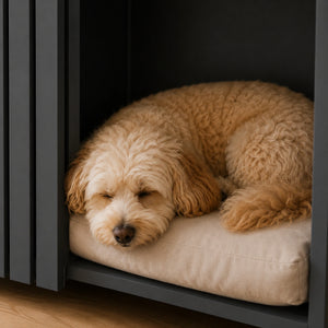 Close up of a sleeping dog resting inside a solid wood pet house side table with soft cushion