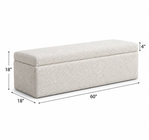 White storage ottoman bench showing 60 inch width and 18 inch depth and height