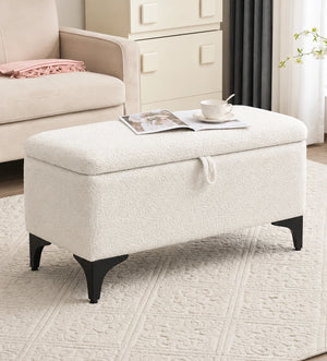 White textured storage ottoman bench styled with magazine and coffee cup