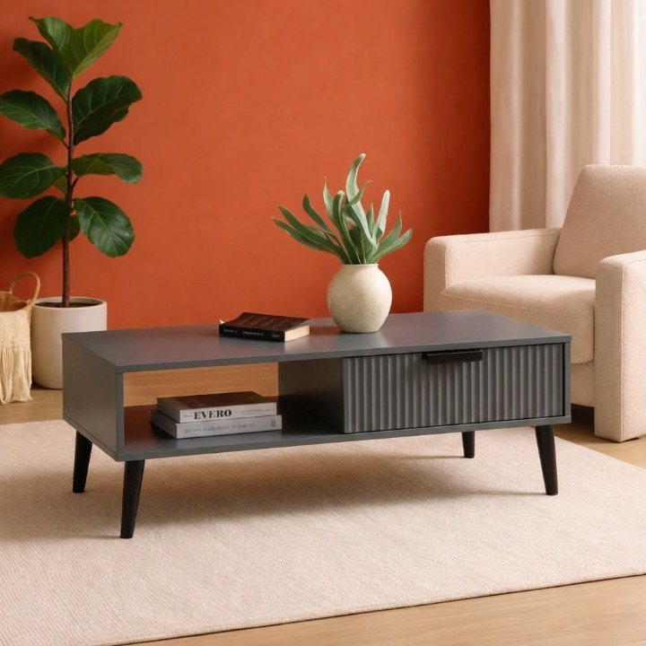 GrandVista Solid Wood Coffee Table with Drawer & Open Shelf Storage
