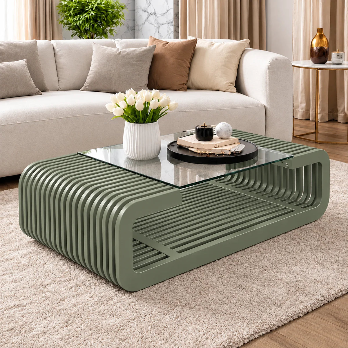 Horizon Solid Wood Coffee Table with Glass Top for Living Room