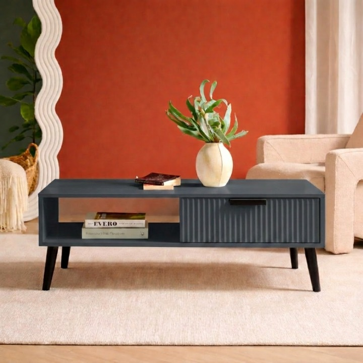 GrandVista Solid Wood Coffee Table with Drawer & Open Shelf Storage