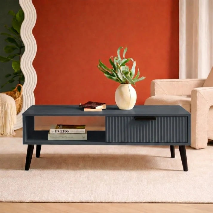 GrandVista Solid Wood Coffee Table with Drawer & Open Shelf Storage