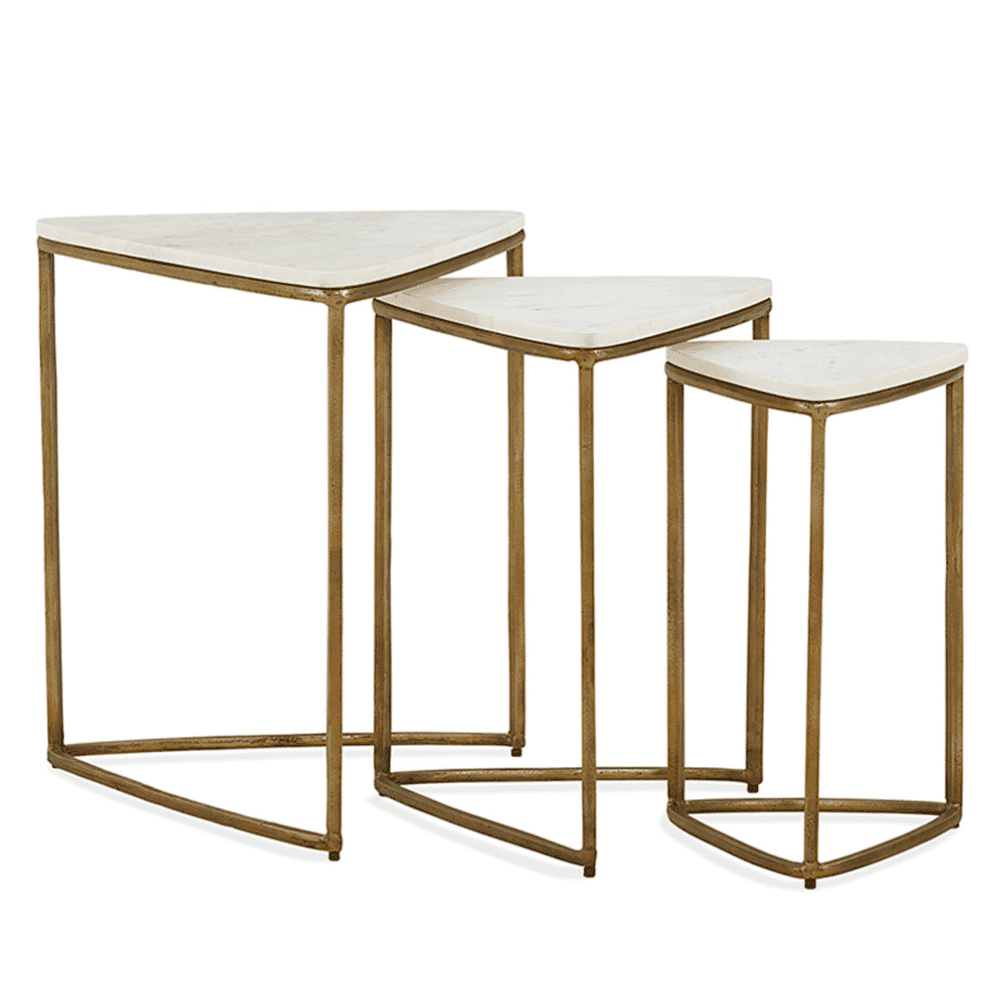 3-Piece Nesting Accent Table Set – White Marble Top with Antique Gold Frame