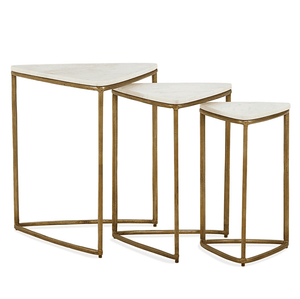 3-Piece Nesting Accent Table Set – White Marble Top with Antique Gold Frame