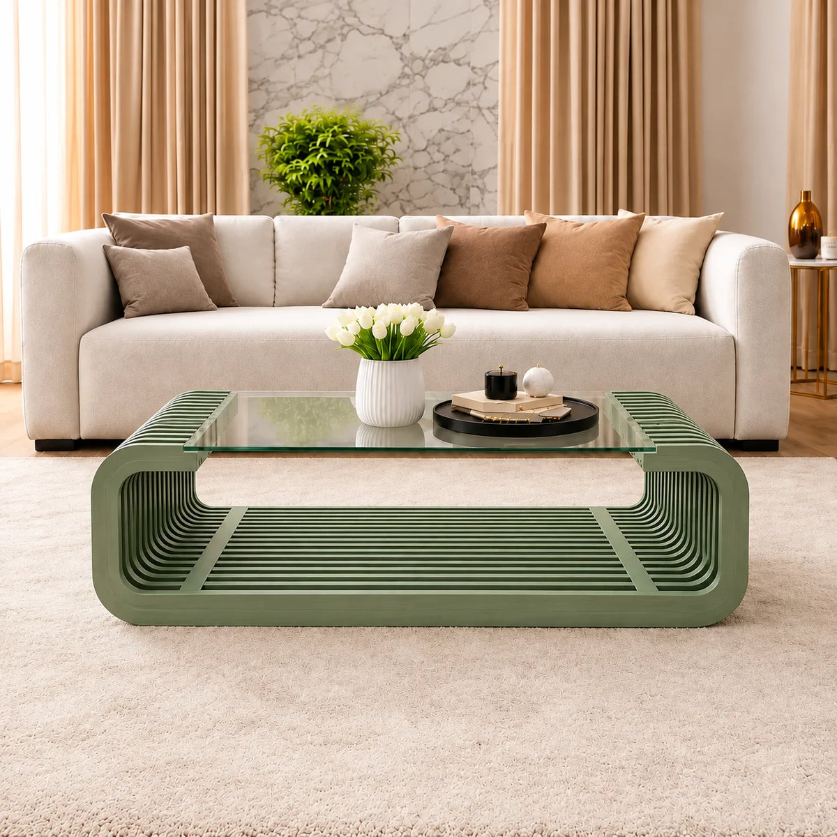 Horizon Solid Wood Coffee Table with Glass Top for Living Room
