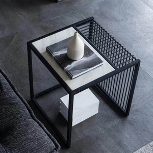 Modern Industrial Side Table – Black Iron Frame with White Marble Top