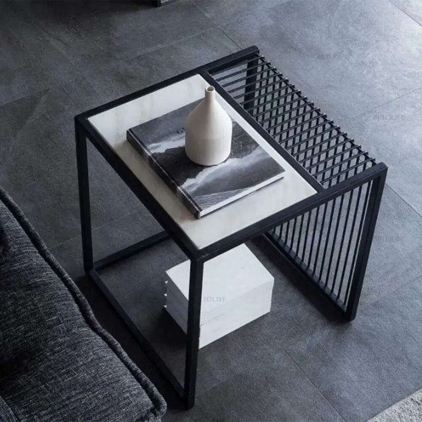 Modern Industrial Side Table – Black Iron Frame with White Marble Top