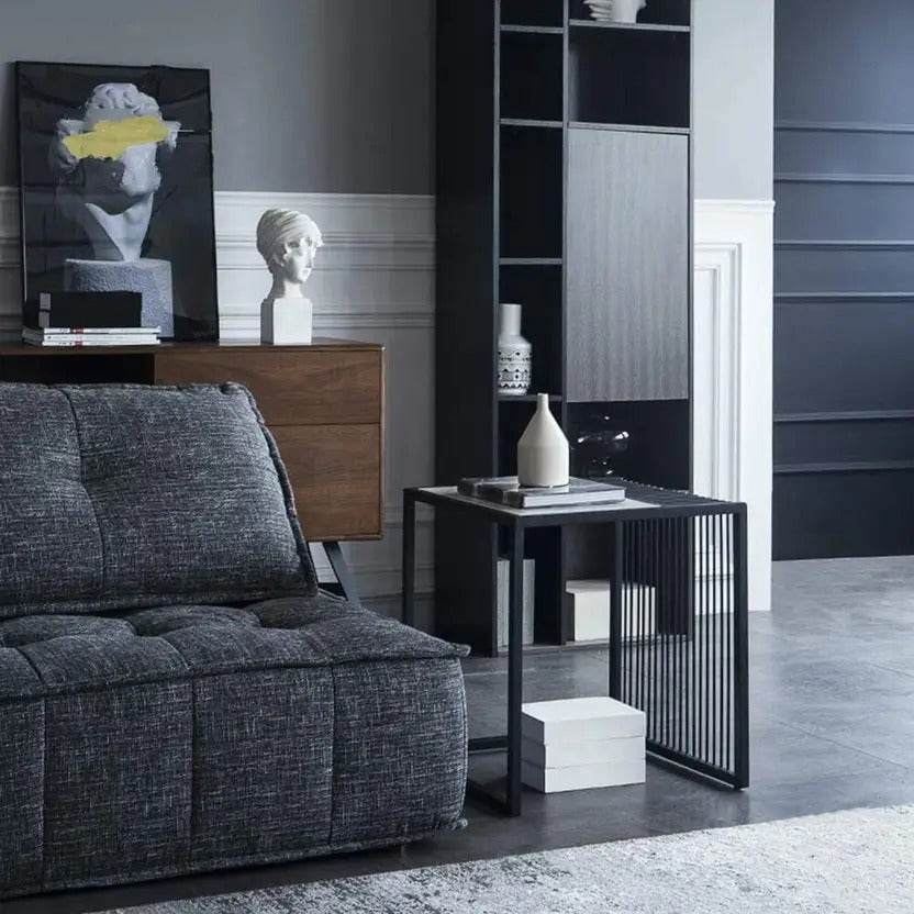 Modern Industrial Side Table – Black Iron Frame with White Marble Top