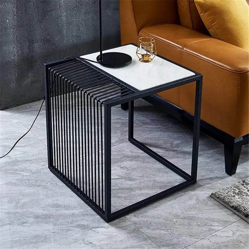 Modern Industrial Side Table – Black Iron Frame with White Marble Top