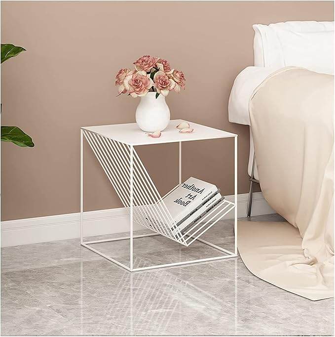 Geometric White Metal Side Table with Book Holder – Modern Minimalist Accent Table