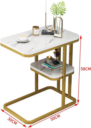 C-Shaped Marble Side Table with Shelf – Gold Frame Sofa Snack Table