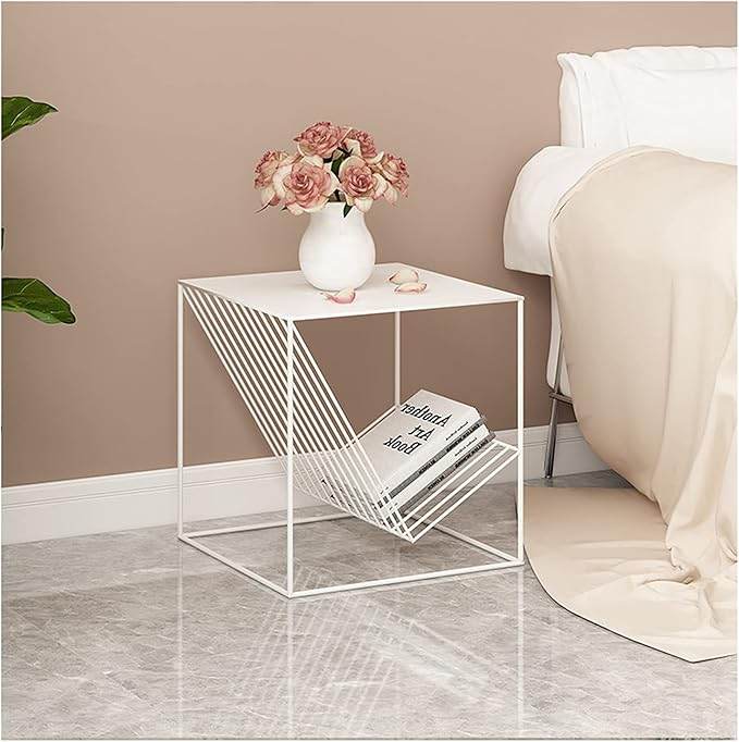 Geometric White Metal Side Table with Book Holder – Modern Minimalist Accent Table
