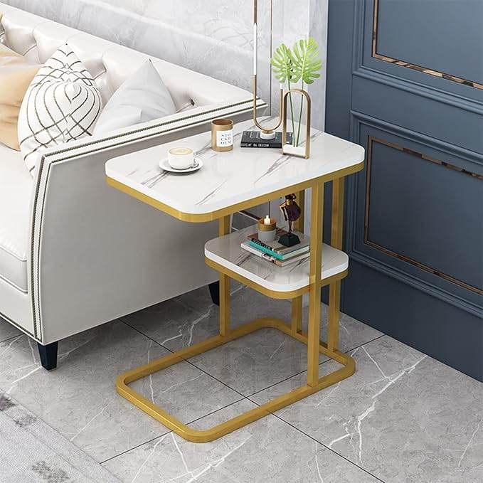 C-Shaped Marble Side Table with Shelf – Gold Frame Sofa Snack Table