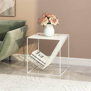 Geometric White Metal Side Table with Book Holder – Modern Minimalist Accent Table
