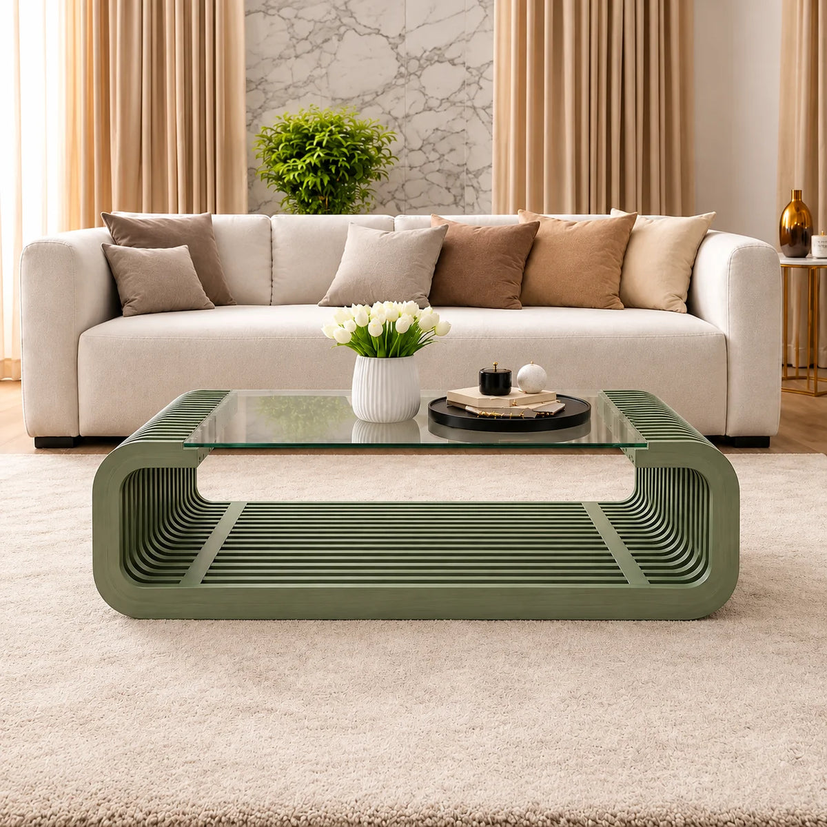 Horizon Solid Wood Coffee Table with Glass Top for Living Room