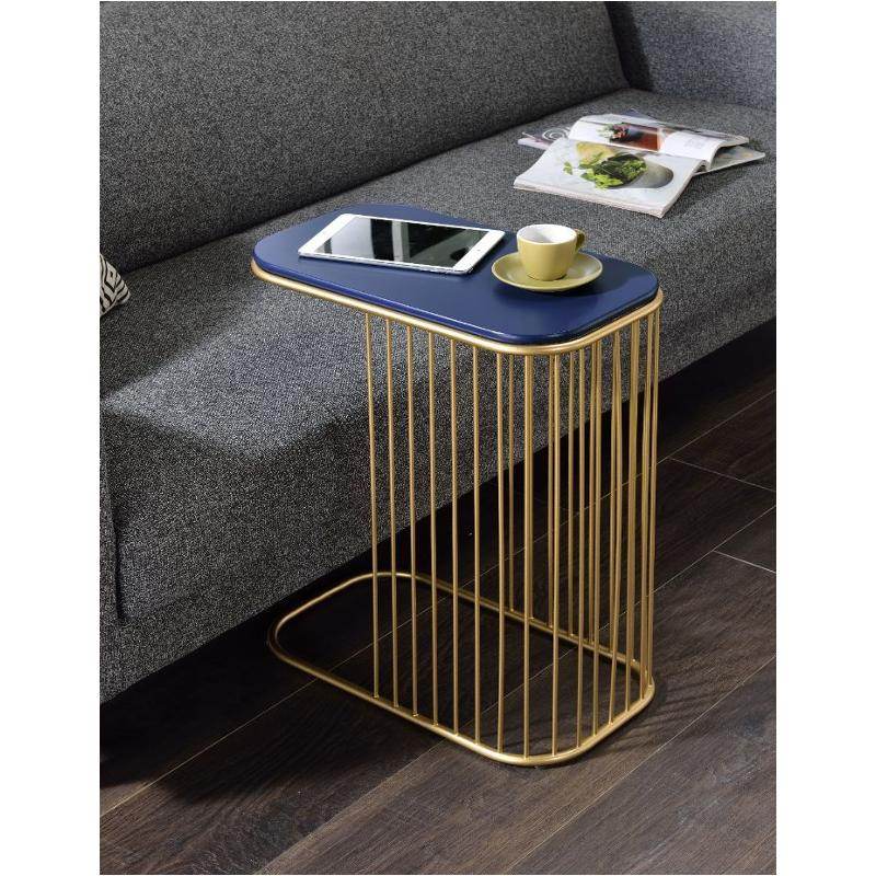 C-Shaped Gold Sofa Side Table – Navy Blue Top with Vertical Rod Design