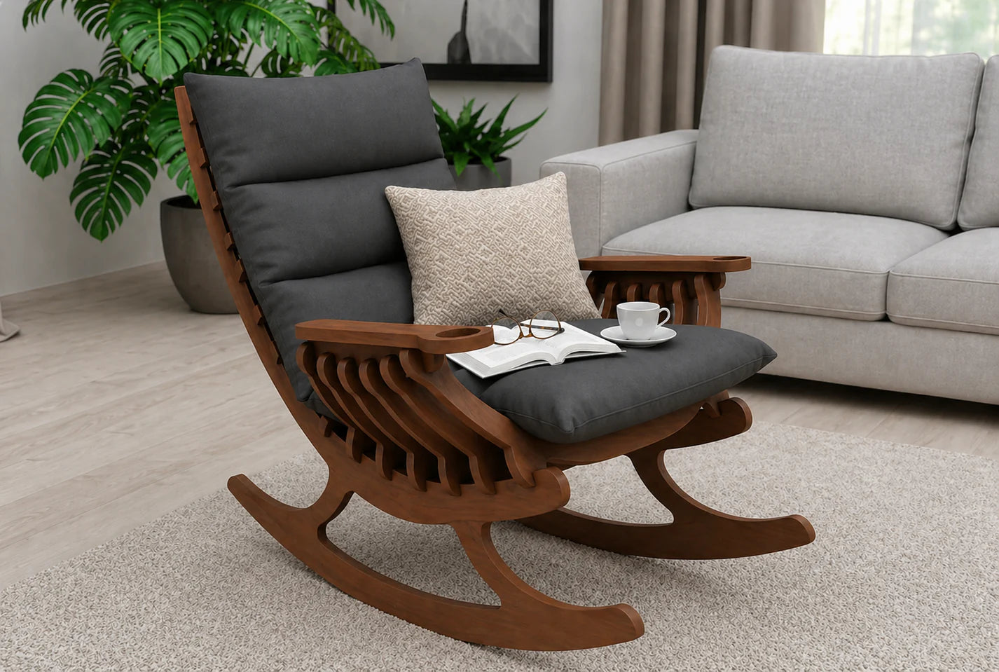 Modern Solid Wood Rocking Chair with Cushioned Seat & Backrest