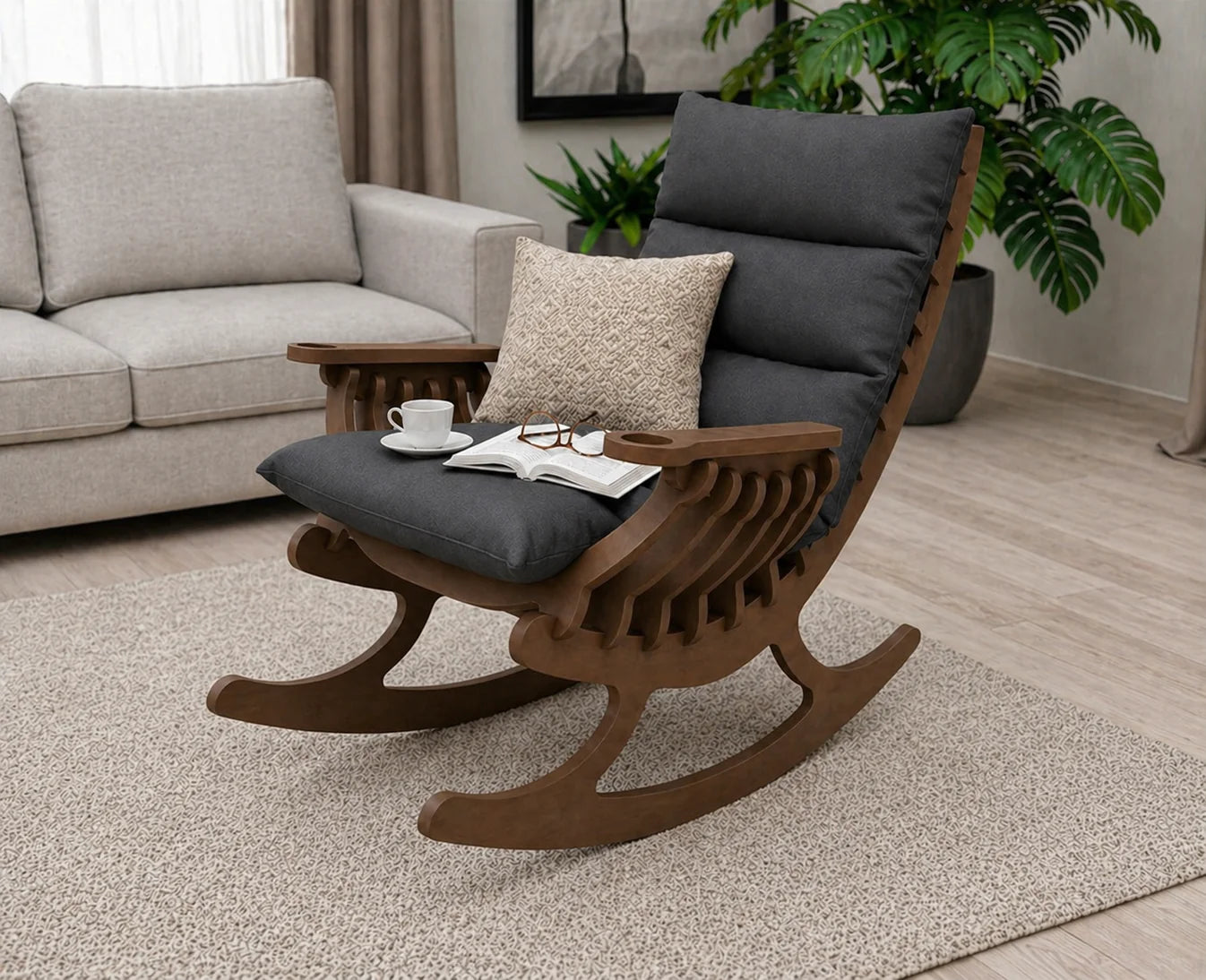 Modern Solid Wood Rocking Chair with Cushioned Seat & Backrest