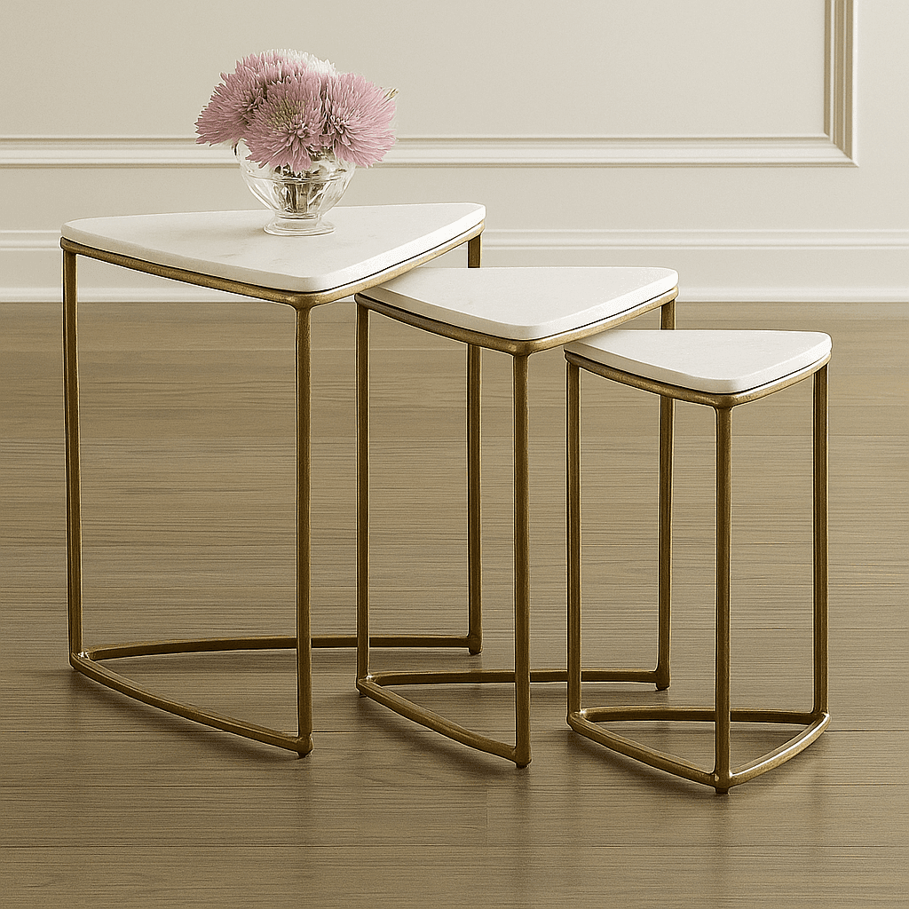 3-Piece Nesting Accent Table Set – White Marble Top with Antique Gold Frame