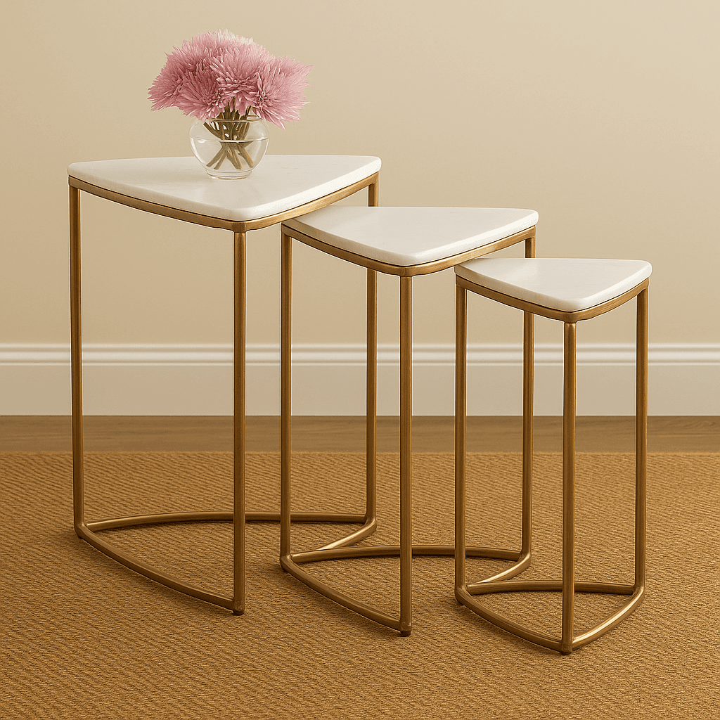 3-Piece Nesting Accent Table Set – White Marble Top with Antique Gold Frame