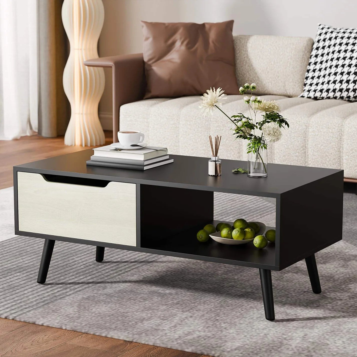 Artisan Glow Coffee Table Solid Wood with Open Shelf & Drawer
