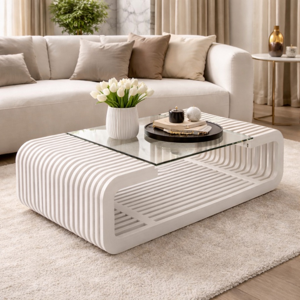 Horizon Solid Wood Coffee Table with Glass Top for Living Room