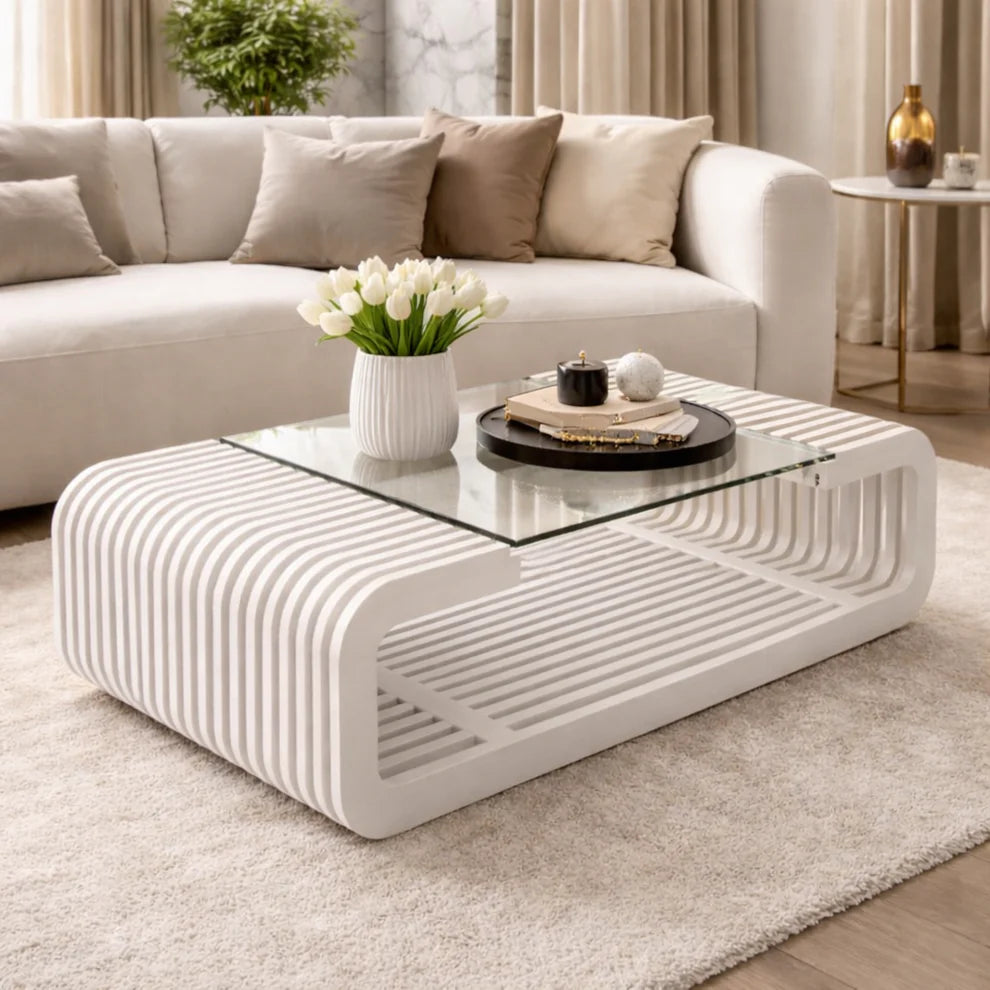 Horizon Solid Wood Coffee Table with Glass Top for Living Room