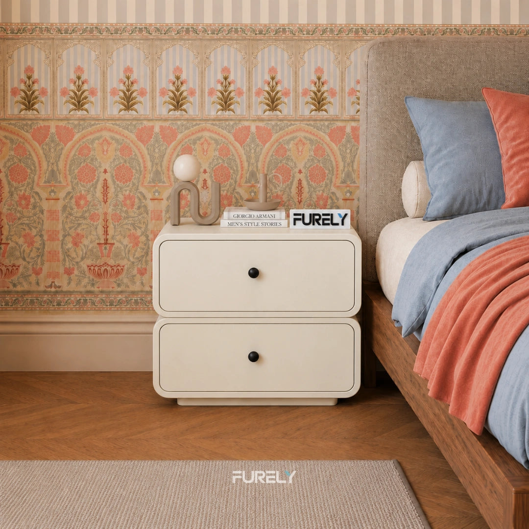 Ivory Modern Solid Wood Bedside Table with 2 Drawers