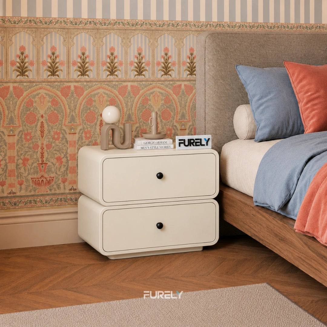 Ivory Modern Solid Wood Bedside Table with 2 Drawers