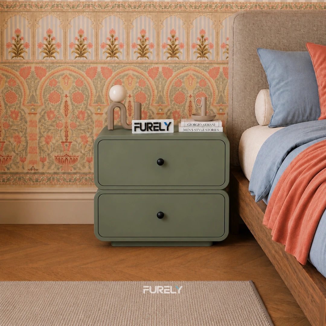 Olive Modern Solid Wood Bedside Table with 2 Drawers