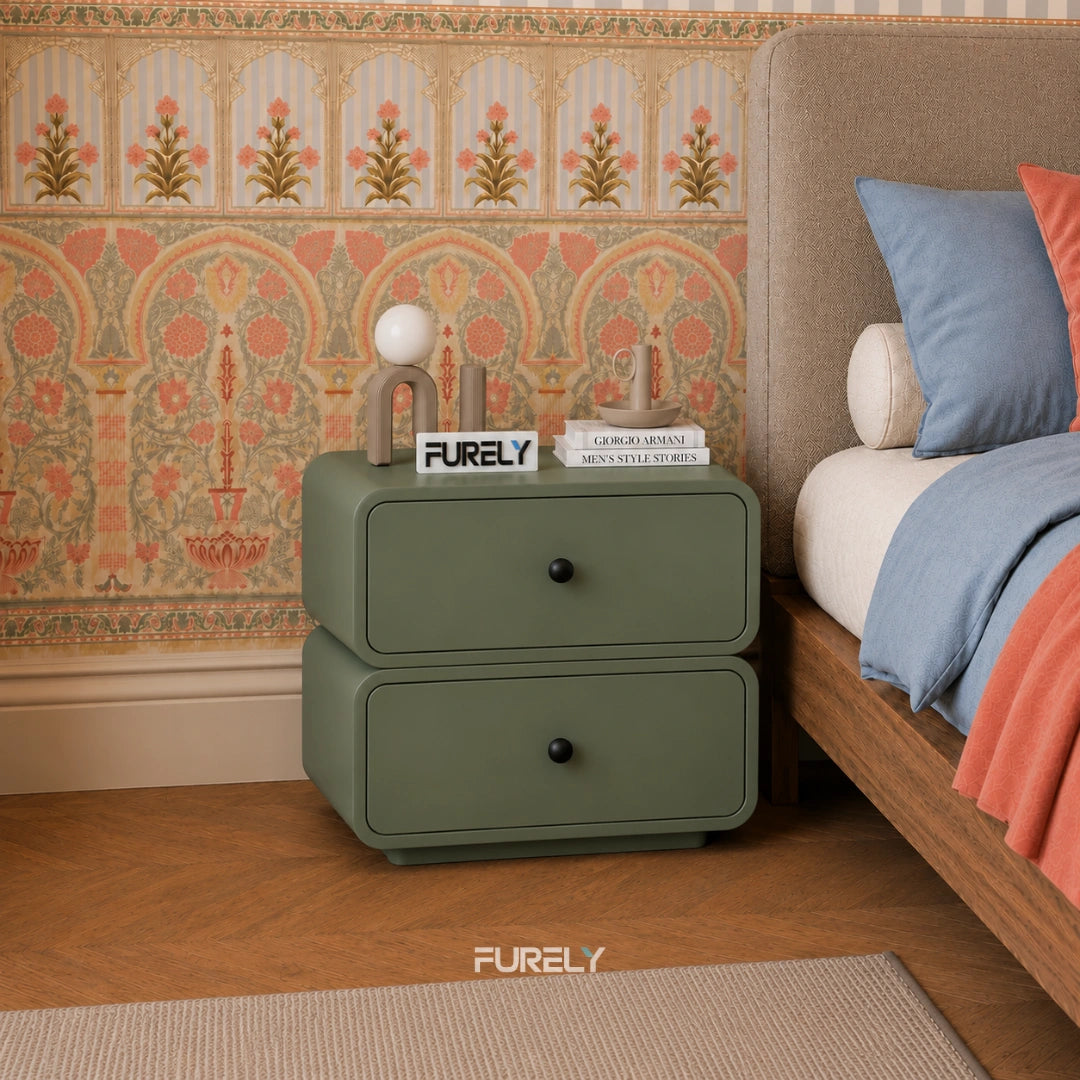 Olive Modern Solid Wood Bedside Table with 2 Drawers