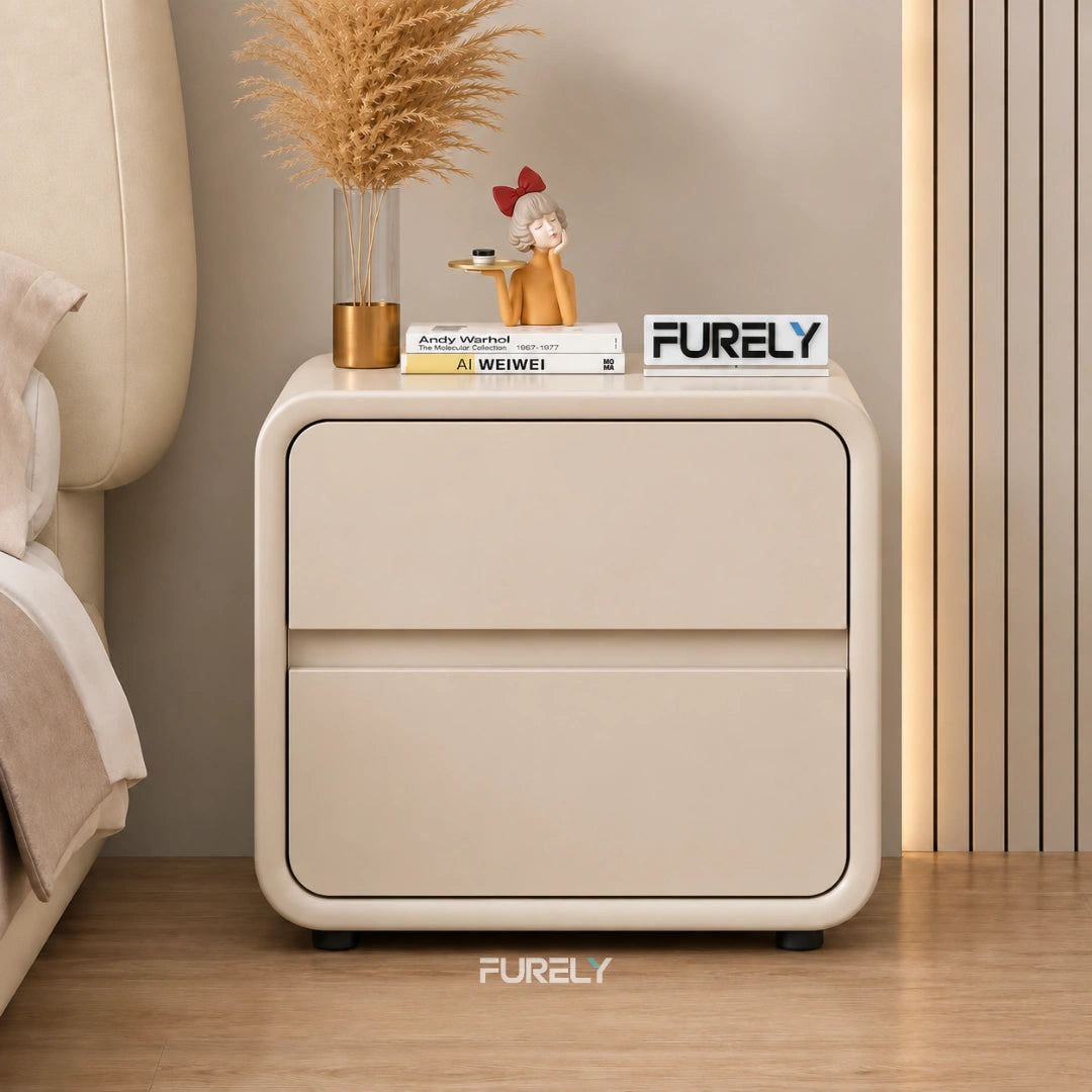 Aura Curved Solid Wood Bedside Table with 2 Drawers