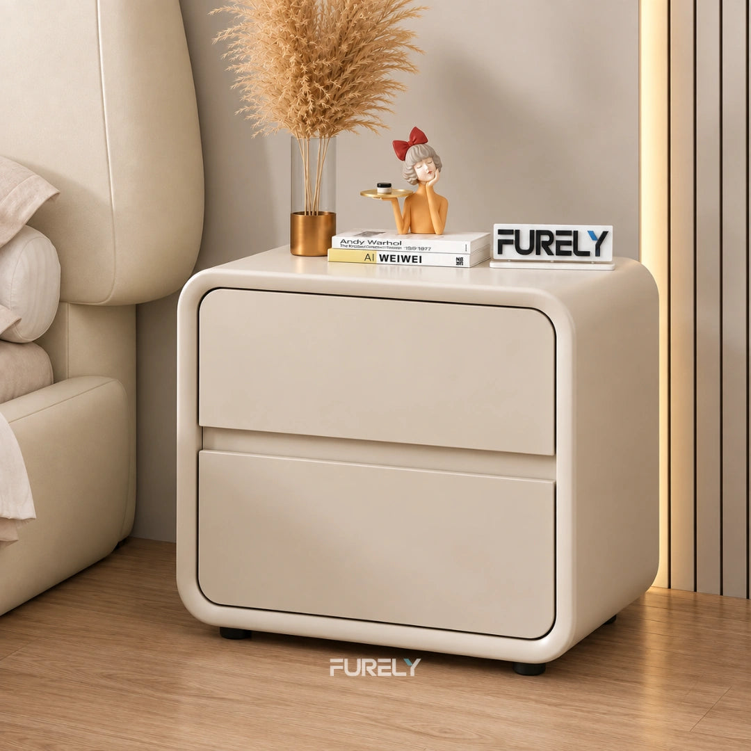 Aura Curved Solid Wood Bedside Table with 2 Drawers