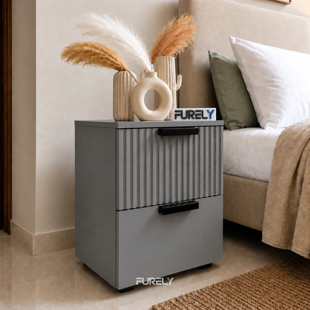 Avelmont Fluted Solid Wood Bedside Table with 2 Drawers