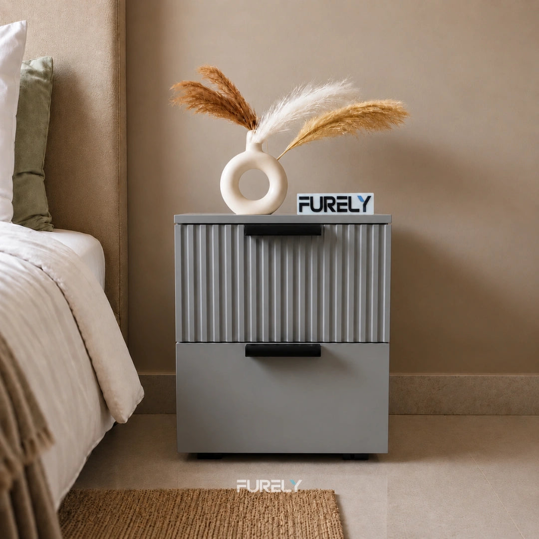Avelmont Fluted Solid Wood Bedside Table with 2 Drawers