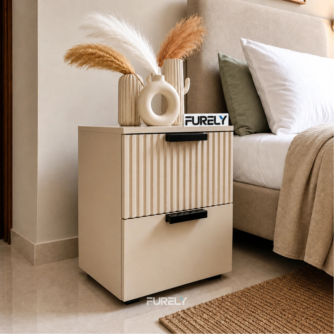 Fluted Solid Wood Bedside Table with 2 Drawers